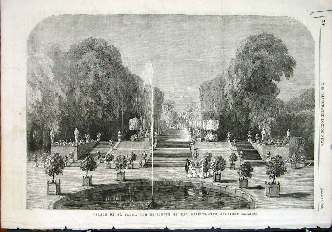 Original Old Antique Print Palace St Cloud Orangery Garden Fountain 1855 19th
