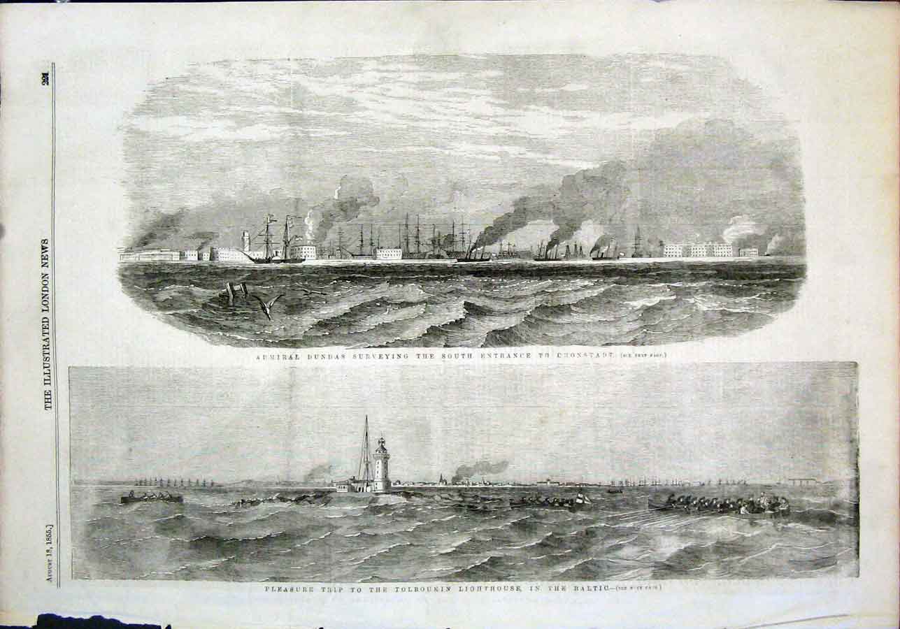 Original Old Antique Print Admiral Dundas Cronstadt Tolboukin Lighthouse Baltic