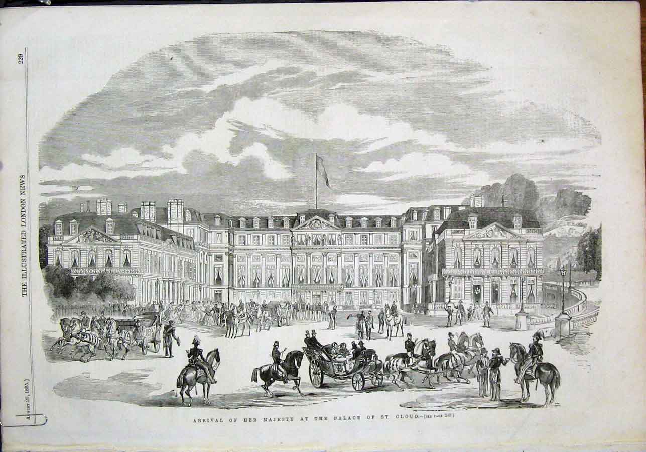 Original Old Antique Print Palace St Cloud Paris France Queen Boulongne Station
