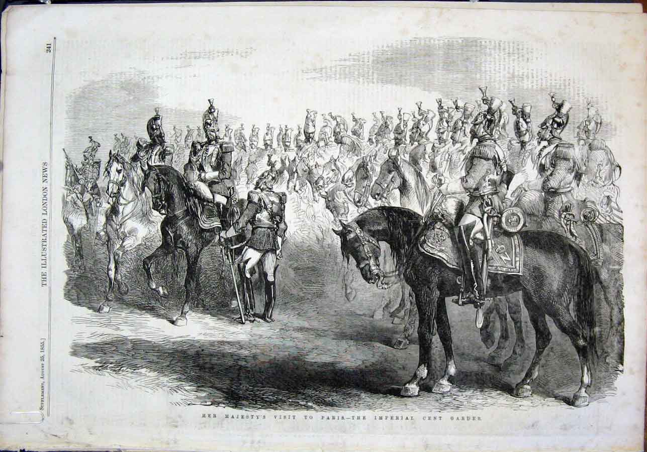 Old Antique Print Paris Queen Visit Imperial Guard Theatre St Cloud 1855 19th