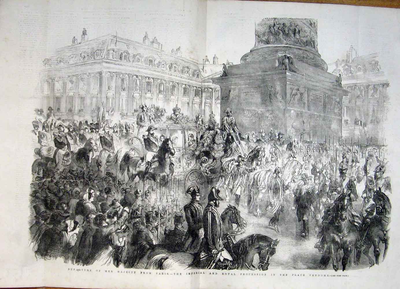 Old Antique Print Queen Paris Royal Procession Place Vendome France 1855 19th