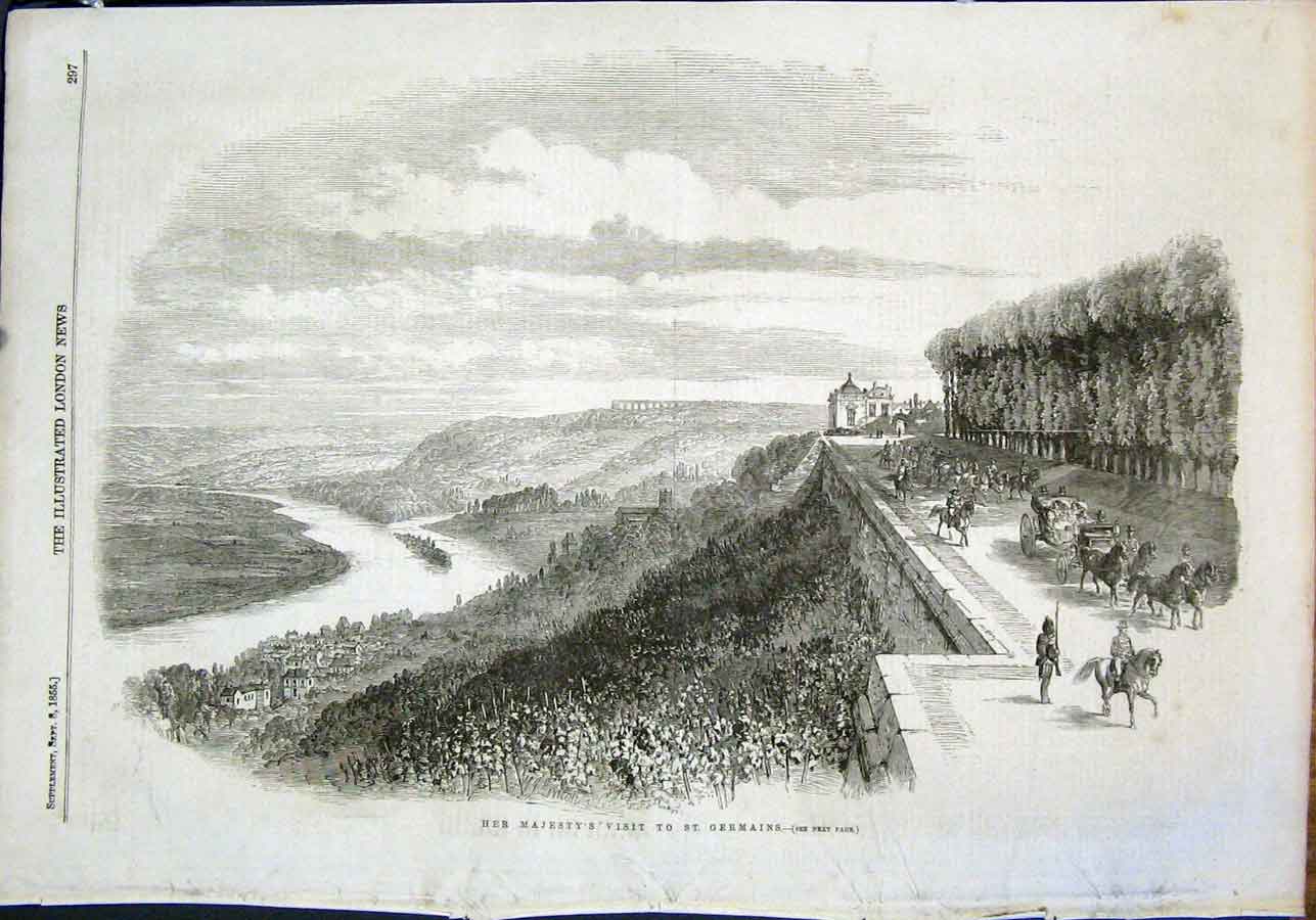 Original Old Antique Print St Germains France Queen 1855 19th Century