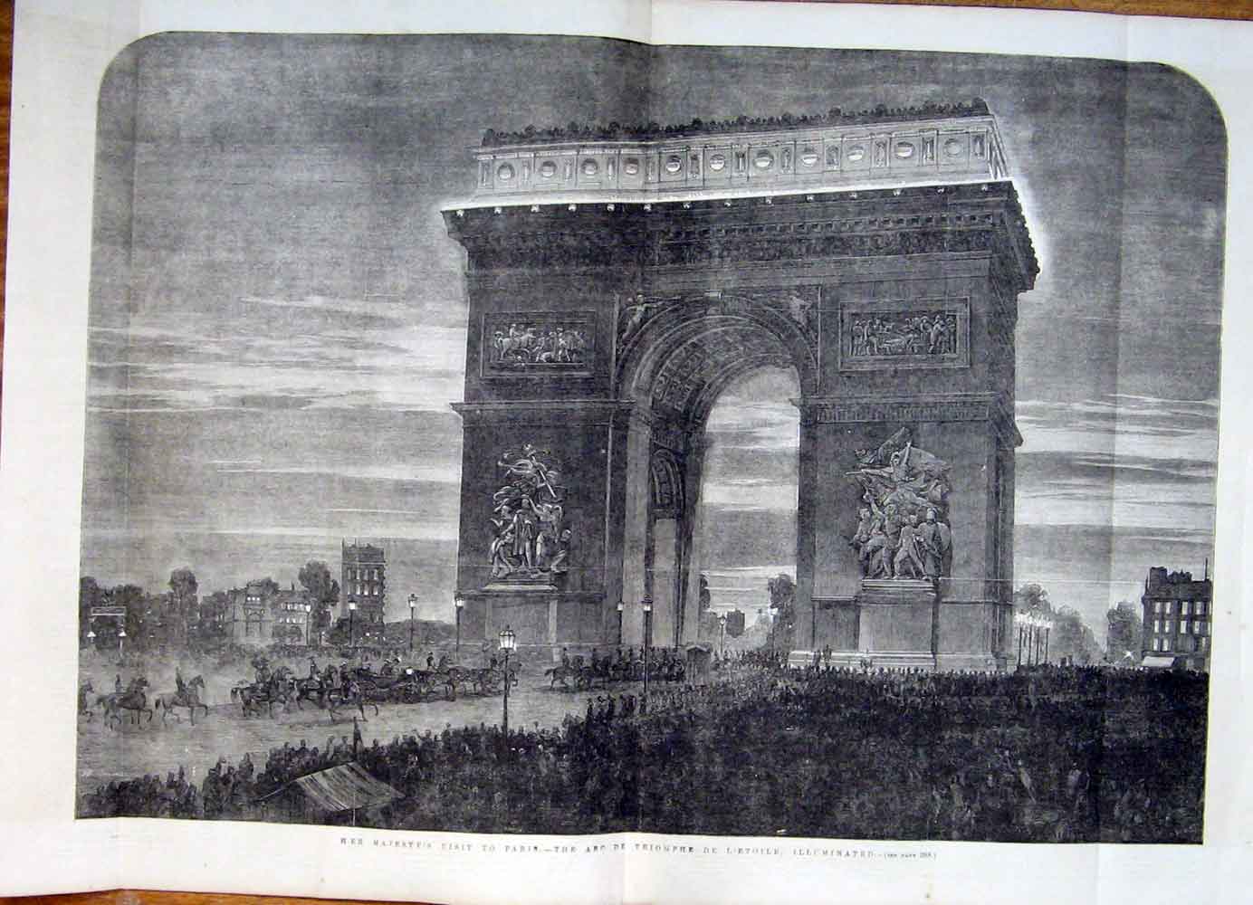 Original Old Antique Print Paris France Queen Arc De Triomph De L'Etoile 1855