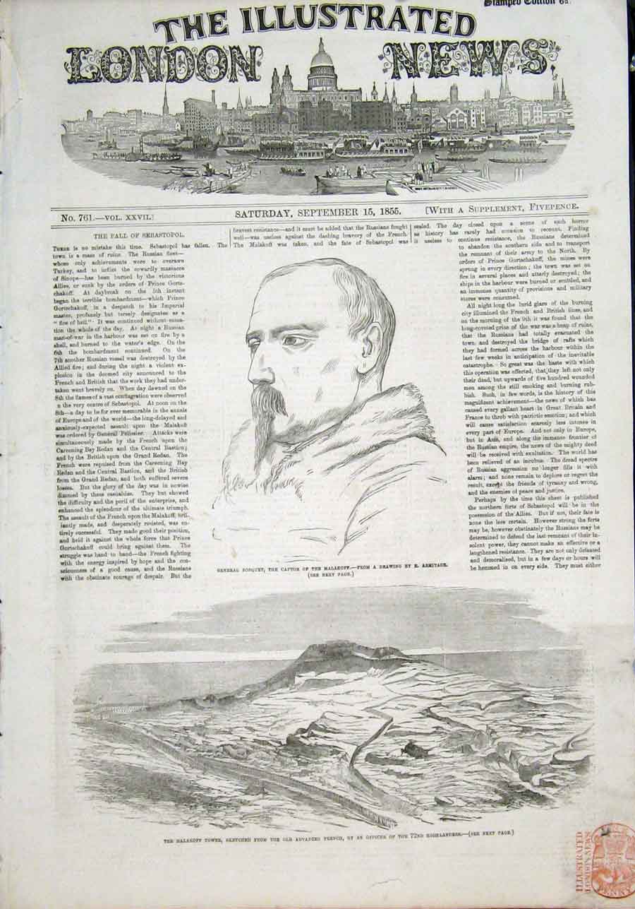 Original Old Antique Print Portrait Bosquet Malakoff Tower 1855 19th