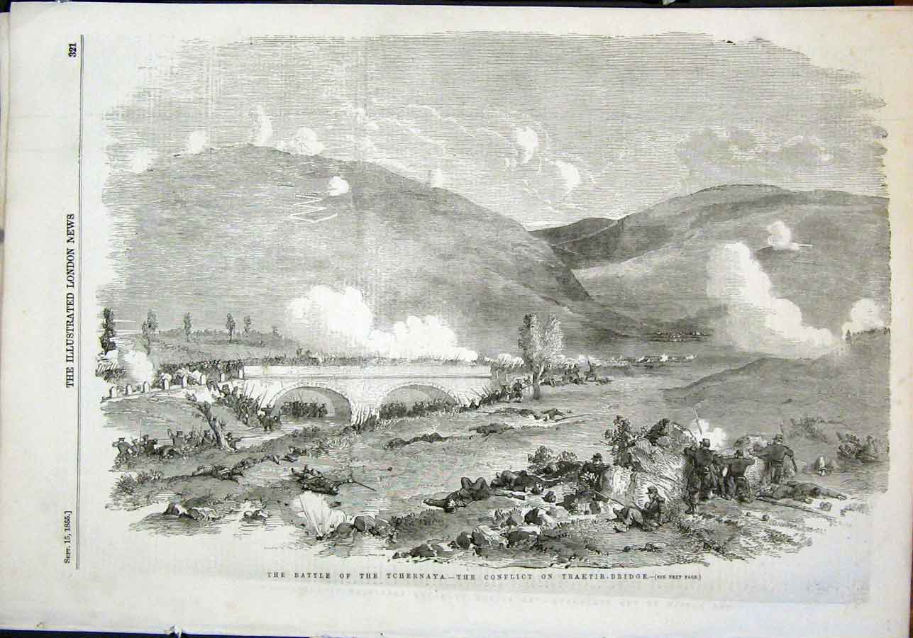 Old Antique Print Battle Tchernaya Traktir Bridge Conflict Sardinia 1855 19th