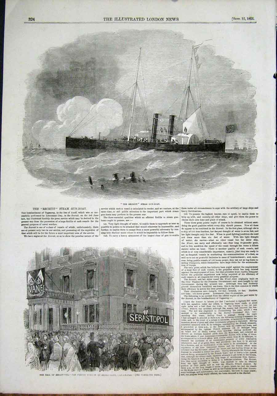 Original Old Antique Print The Recruit Steam Gun Boat Sebastopol French 1855