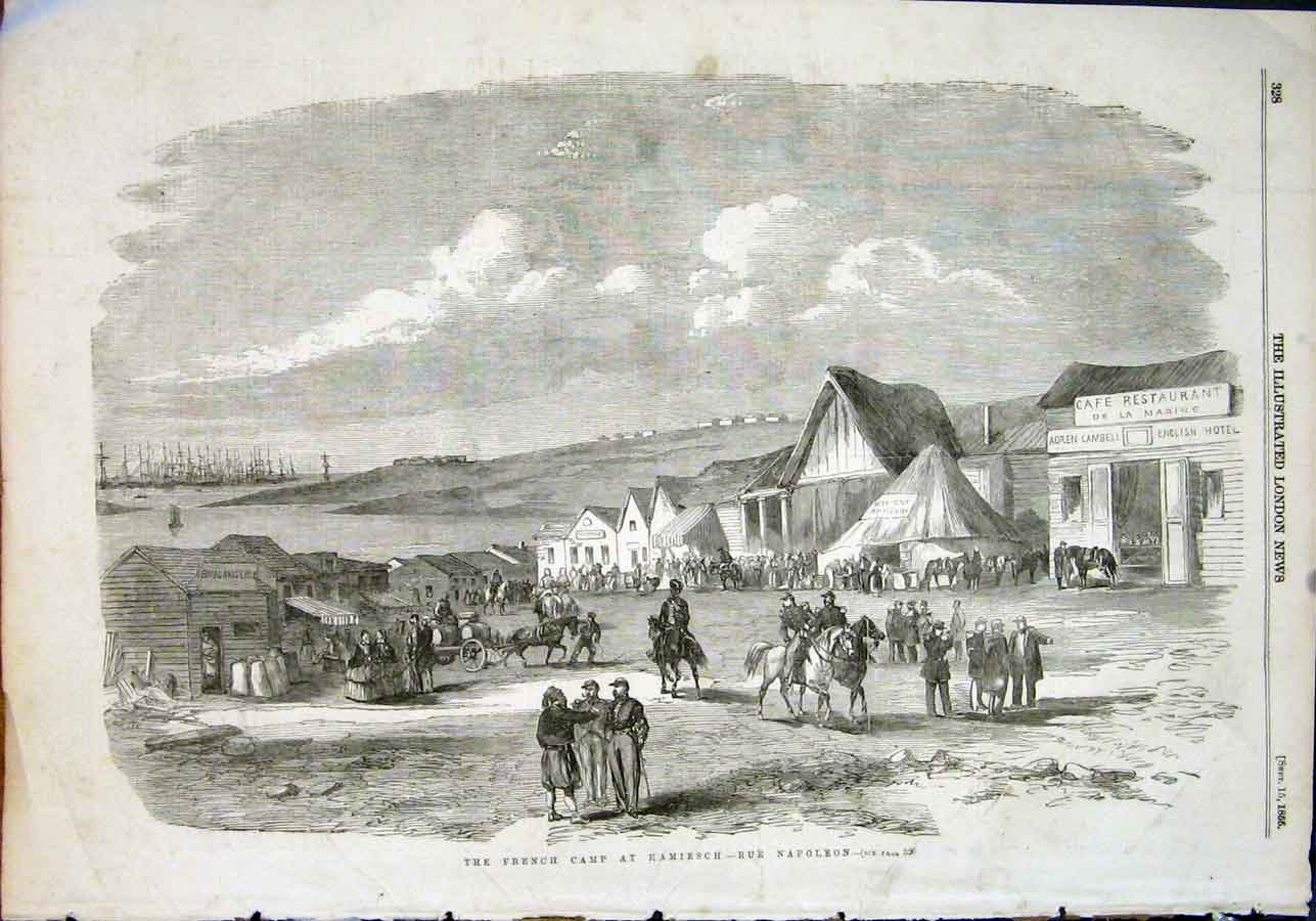 Original Old Antique Print French Camp Kamiesch Napoleon Crimean 1855 Victorian