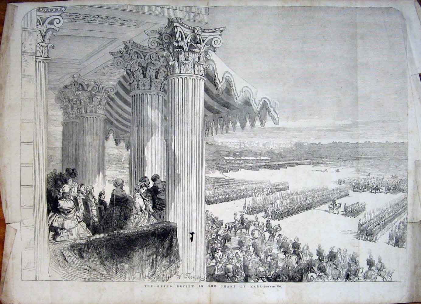 Original Old Antique Print Grand Review Champ De Mars Queen France 1855 19th