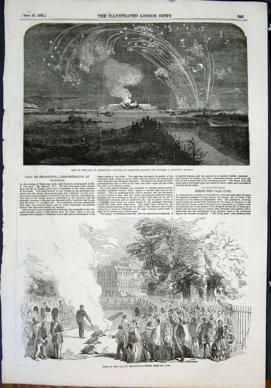 Original Old Antique Print Woolwich Marshes Sebastopol Fall Park Guns 1855 19th
