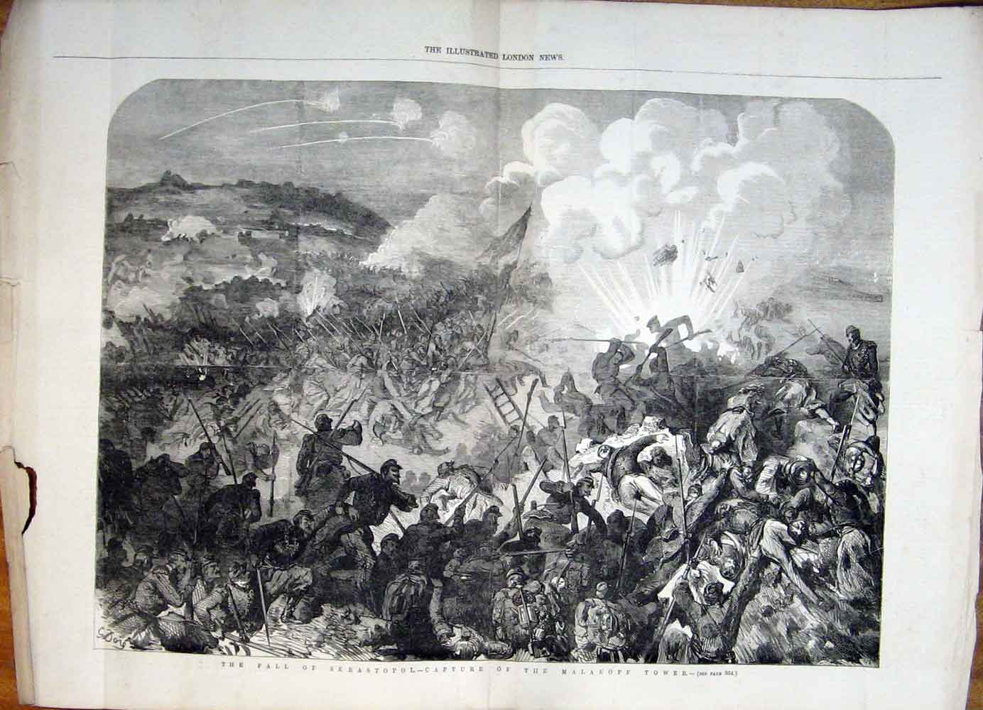 Original Old Antique Print Fall Sebastopol Capture Malakoff Tower 1855 19th