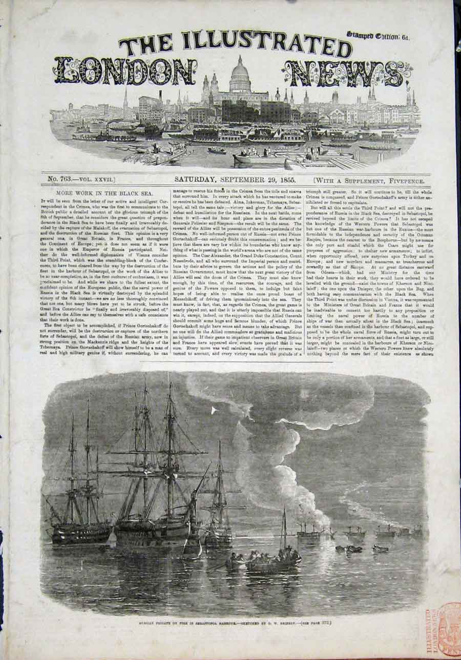 Old Antique Print Russian Frigate Fire Sebastopol Harbour Brierly Sketch