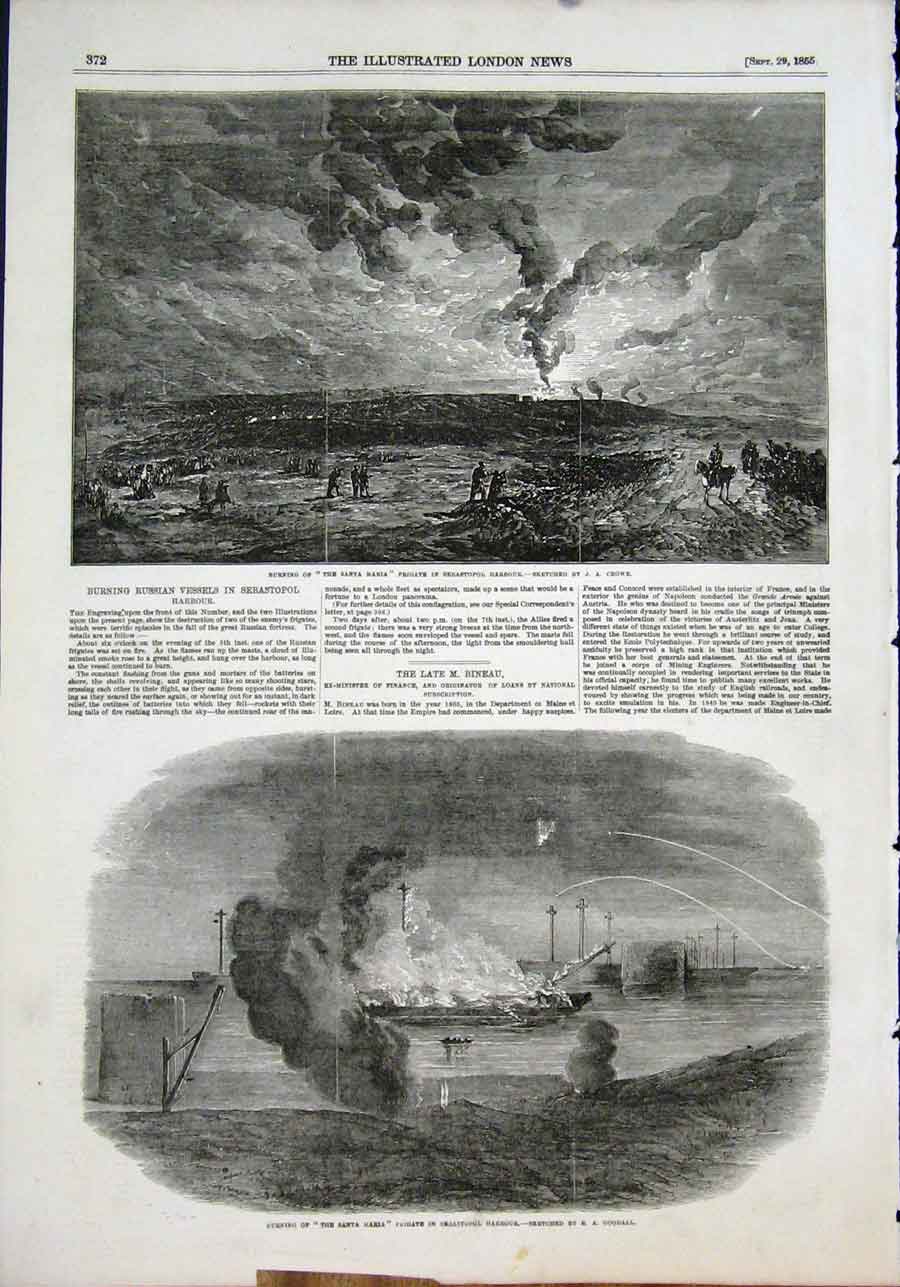 Original Old Antique Print Santa Maria Frigate Sebastopol Harbour Crowe Goodall
