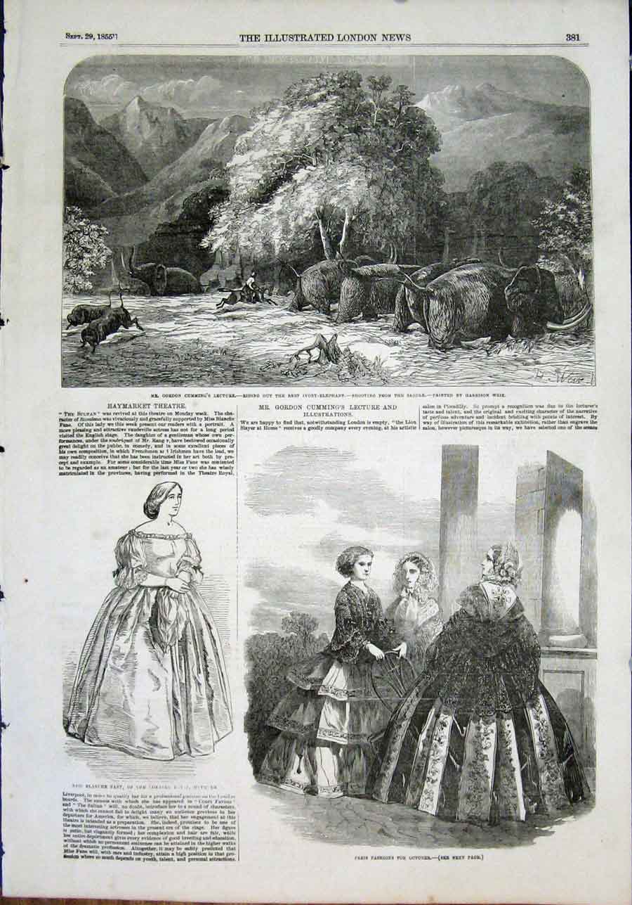 Old Antique Print Cumming Weir Elephants Paris Fashion Blanche Fant 1855 19th
