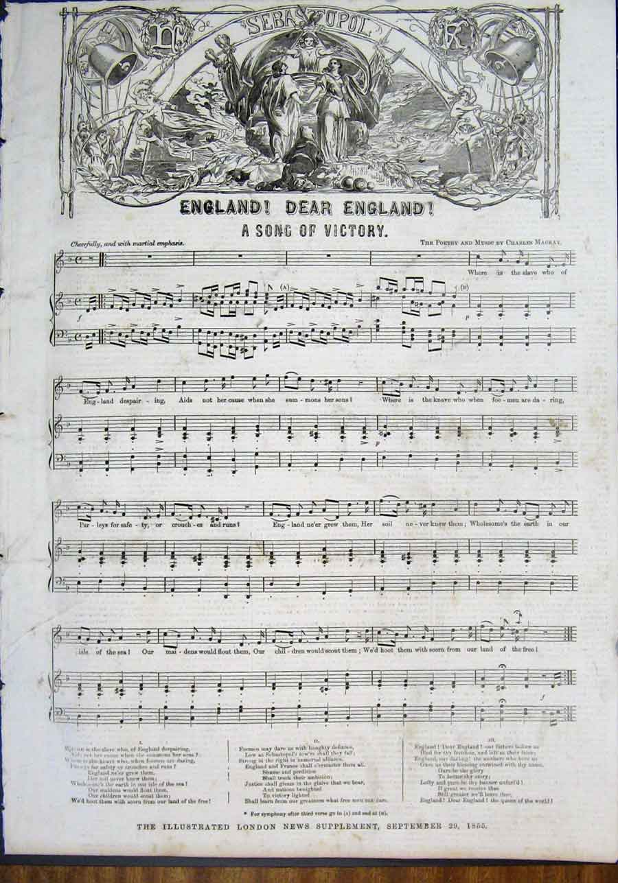 Original Old Antique Print England Song Music Score Sheet Victory 1855 Victorian