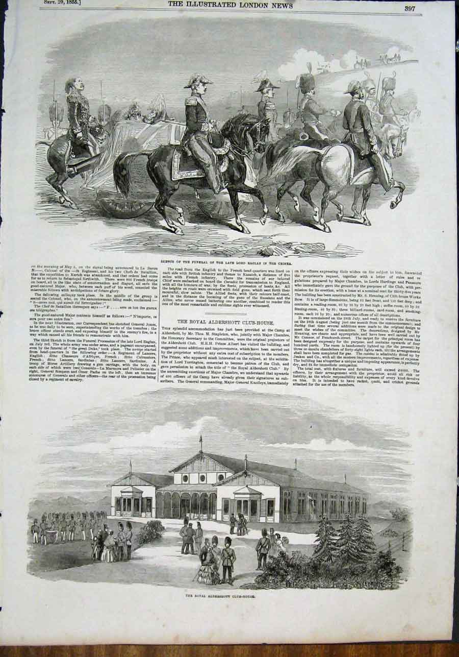 Original Old Antique Print Funeral Lord Raglan Crimea Aldershott Club House 1855