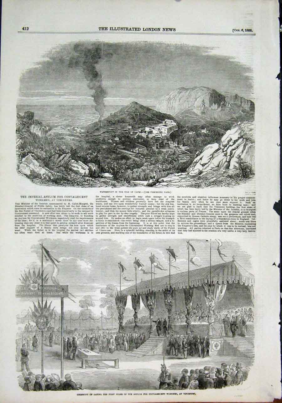 Original Old Antique Print Waterspout Isle Capri Vincennes Workmen Asylum 1855