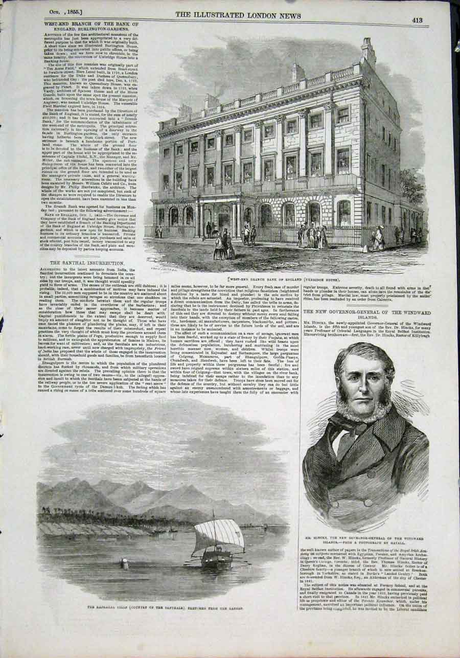 Original Old Antique Print Bank England Uxbridge House Hincks Ganges India 1855