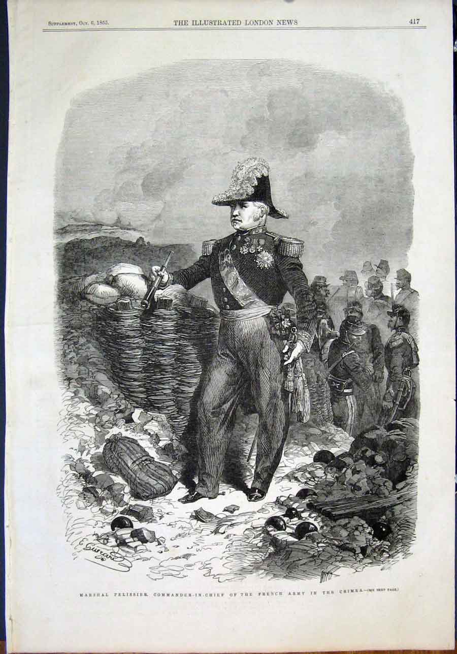 Original Old Antique Print Marshall Pelissier French Army Crimea 1855 Victorian