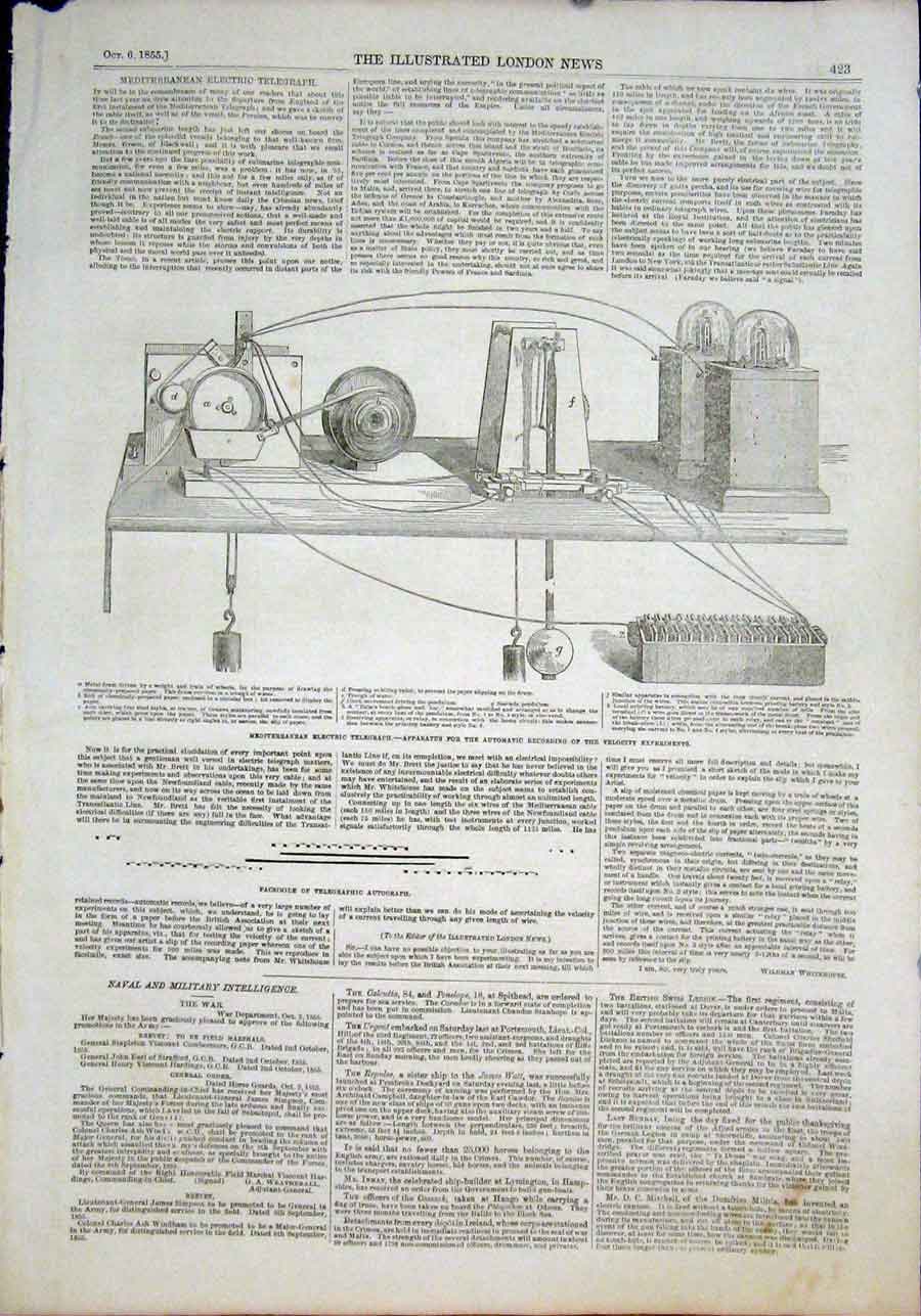 Old Antique Print Electric Telegraph Apparatus Velocity Experiments 1855 19th