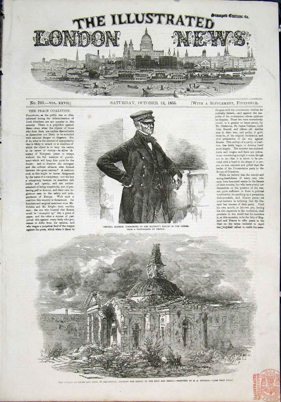 Original Old Antique Print General Simpson Crimea Sebastopol Church Goodall 1855