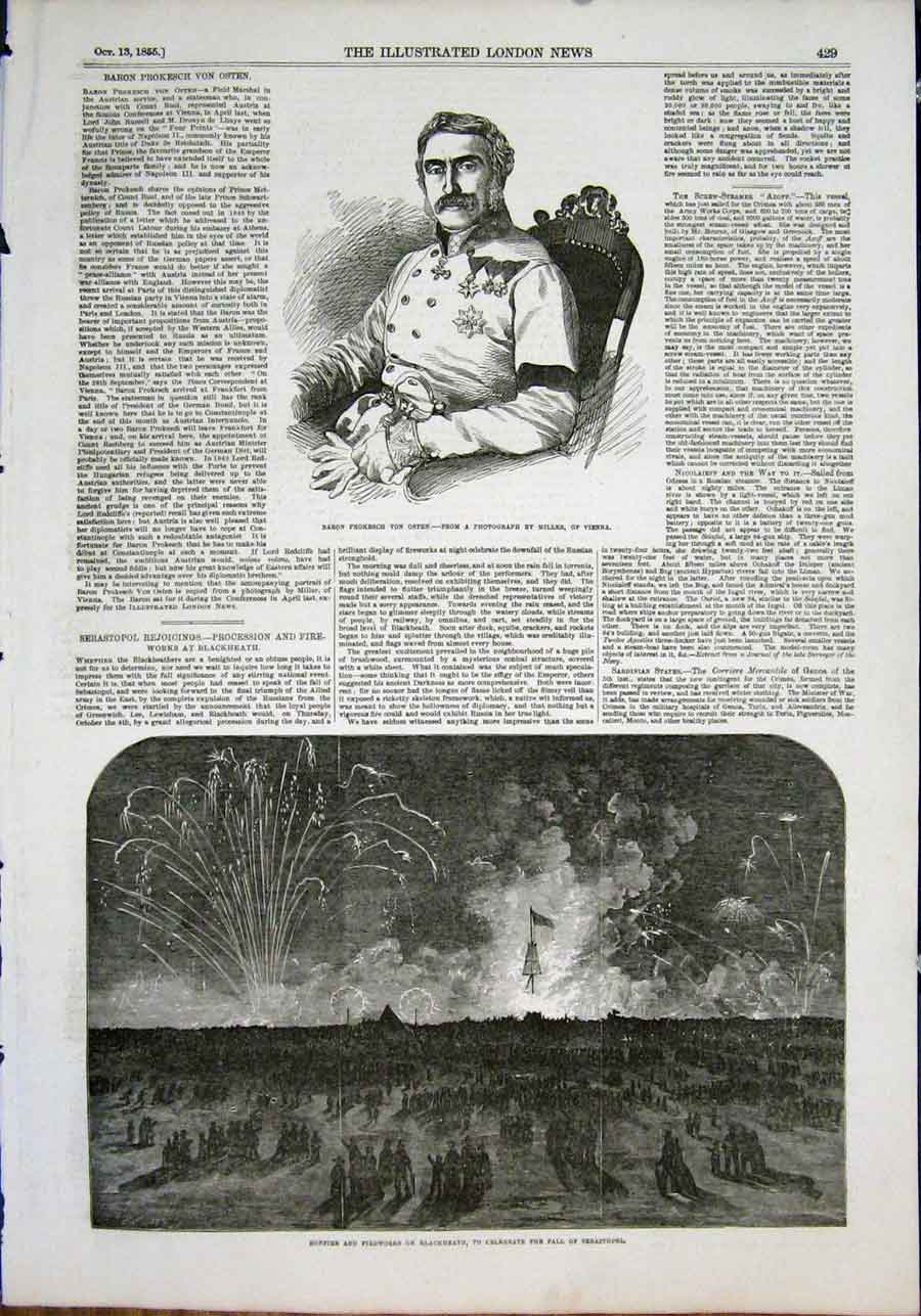 Old Antique Print Von Osten Bonfire Fireworks Blackheath Sebastopol 1855 19th