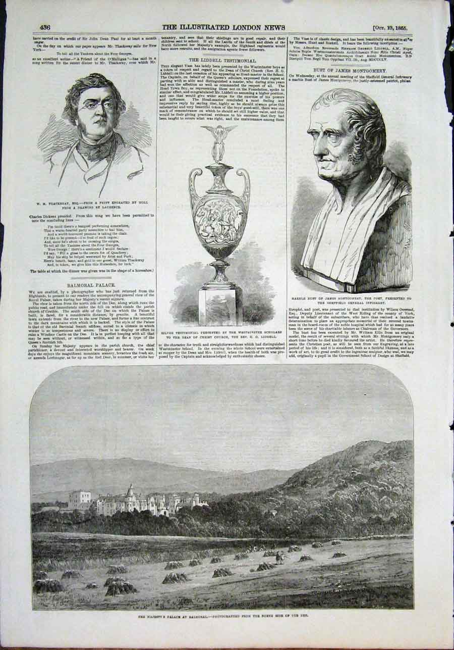 Old Antique Print Thackeray Montgomery Poet Palace Balmoral Scotland 1855 19th
