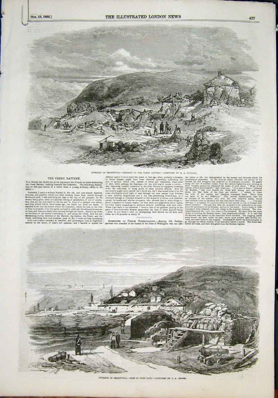 Original Old Antique Print Sebastopol Goodall Crowe Theatre Naval Brigade 1855