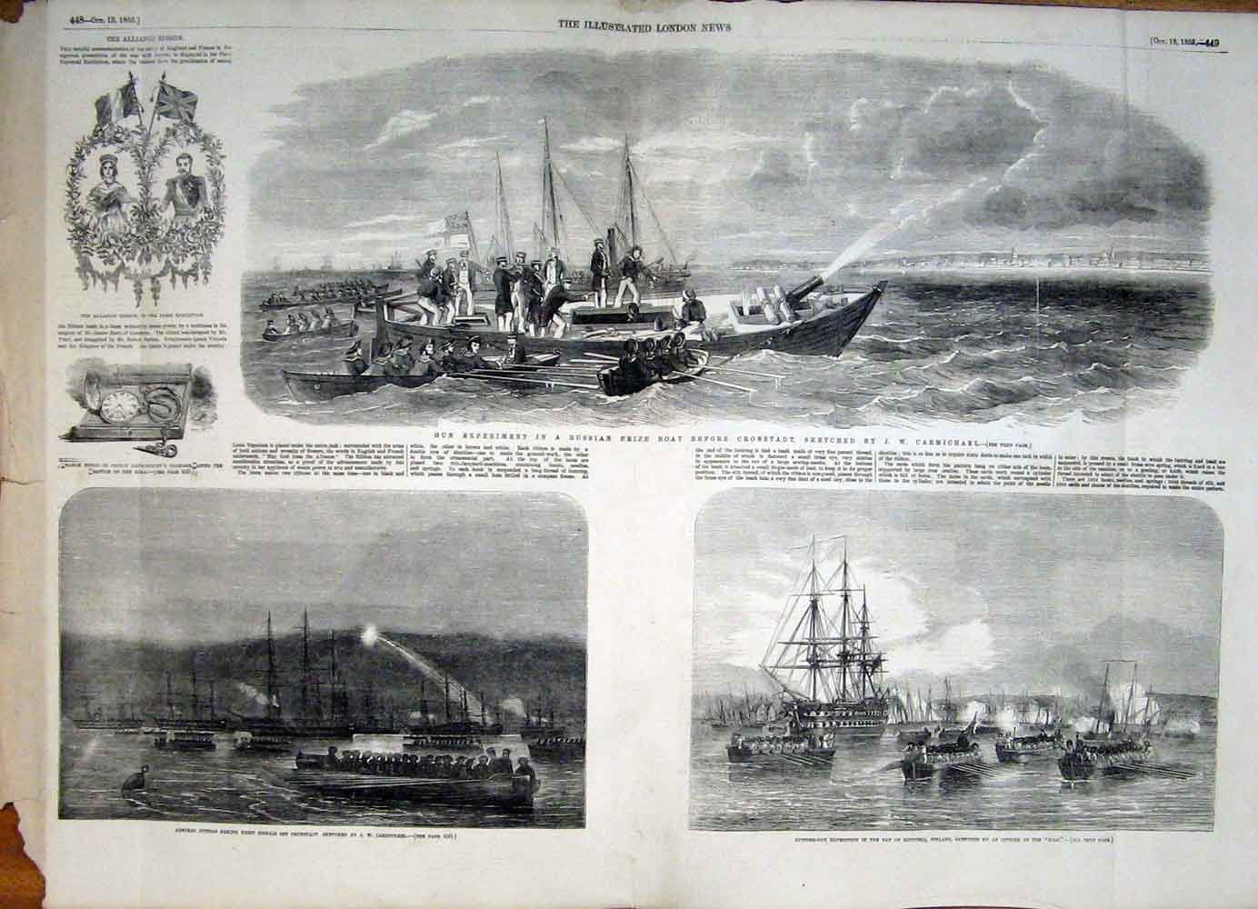 Original Old Antique Print Gun Experiment Cronstadt Carmichael Dundas Nile Boat