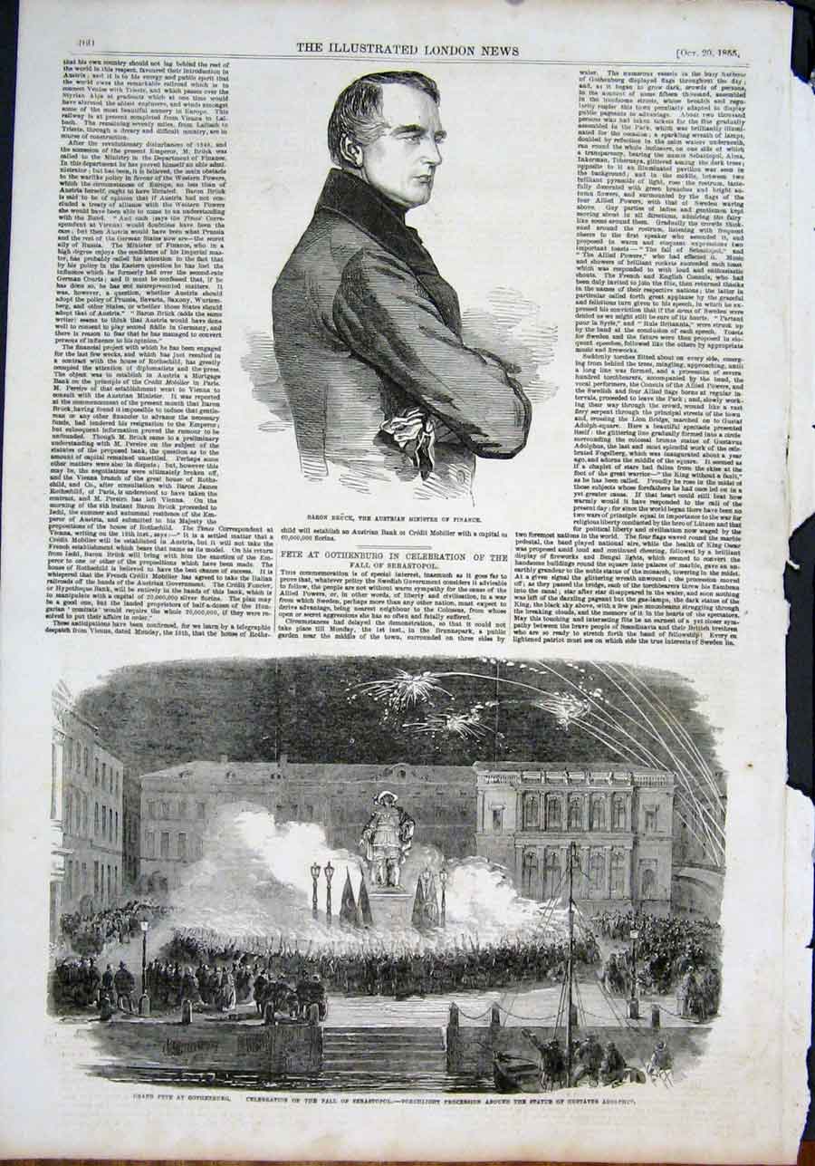 Original Old Antique Print Portrait Bruck Austria Fete Gothenburg Adolphus 1855