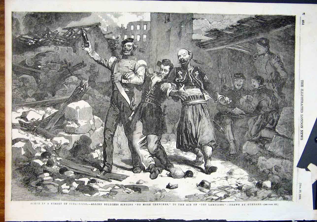 Original Old Antique Print Allied Siers Sebastopol Guerard Trenches 1855 19th