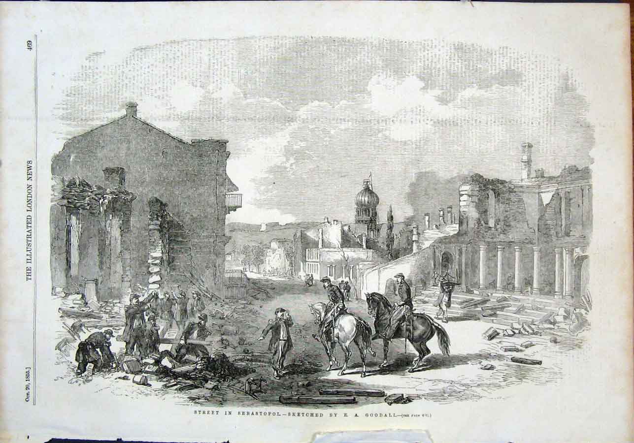 Original Old Antique Print Street Sebastopol Goodall Horse Siers Ruins 1855 19th