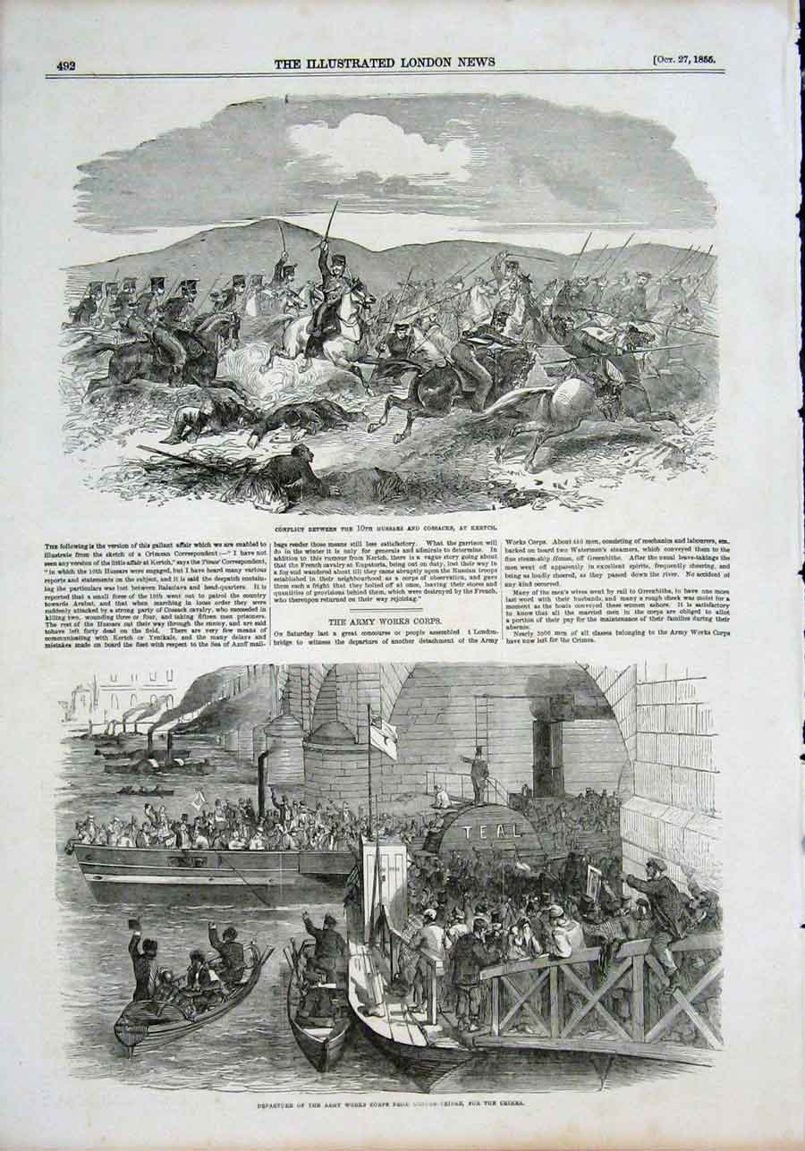 Old Antique Print Hussars Cossacks Kertch Army Works Corps London Bridge