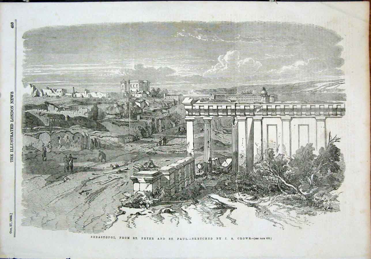 Original Old Antique Print Sebastopol St Peter Paul Crowe War 1855 Victorian