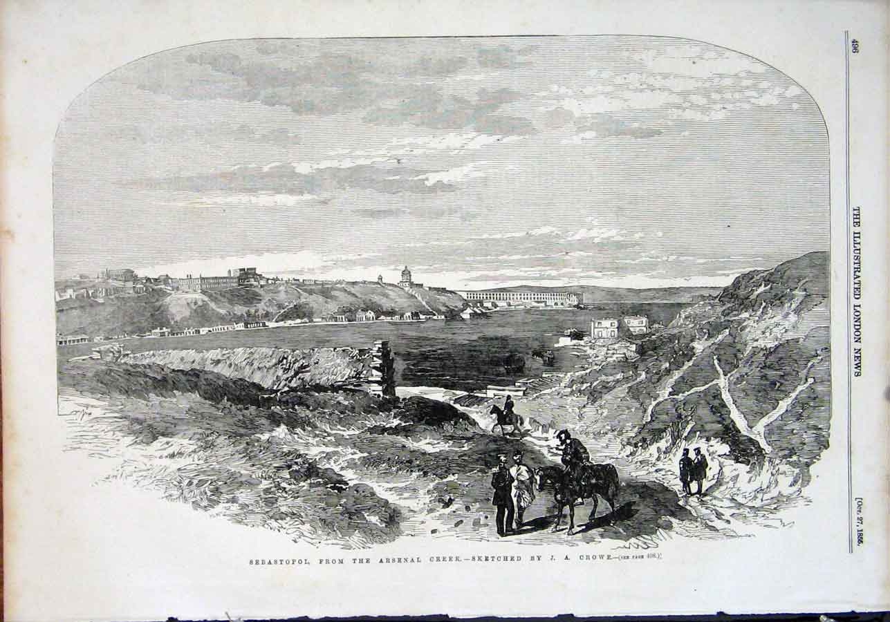 Original Old Antique Print Sebastopol Arsenal Creek Crowe 1855 19th
