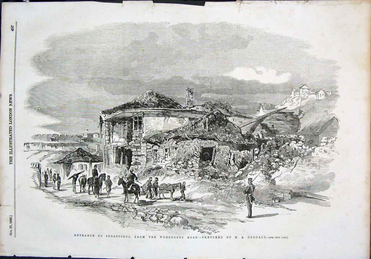 Original Old Antique Print Sebastopol Woronzoff Road Sketch Goodall 1855 19th