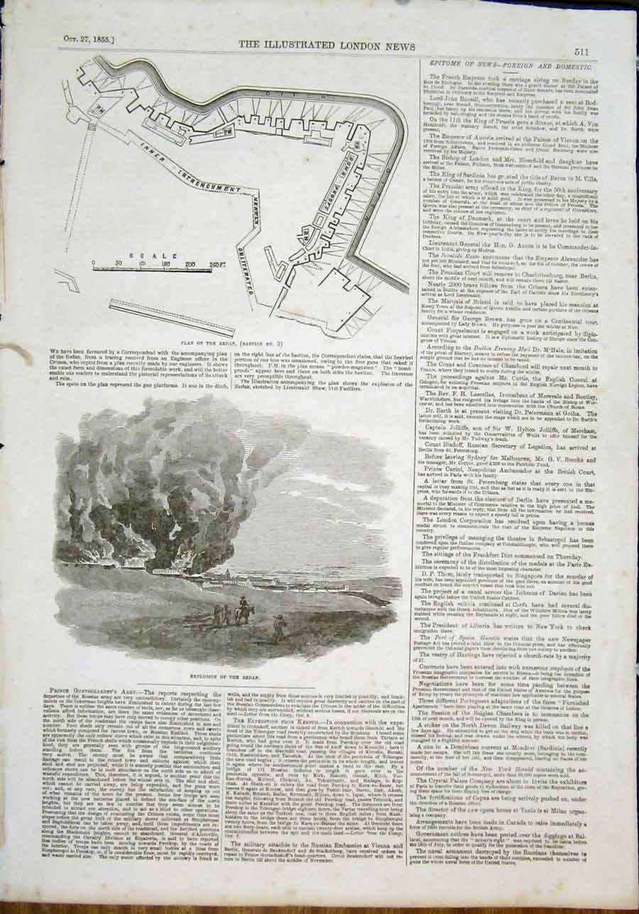 Original Old Antique Print Plan Redan Explosion Russia 1855 19th