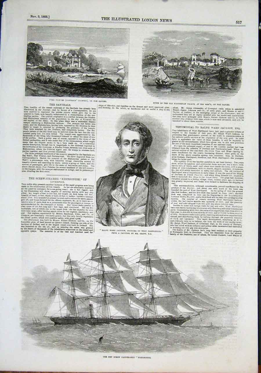 Original Old Antique Print Santhals Ganges River India Jackson Khersonsee 1855