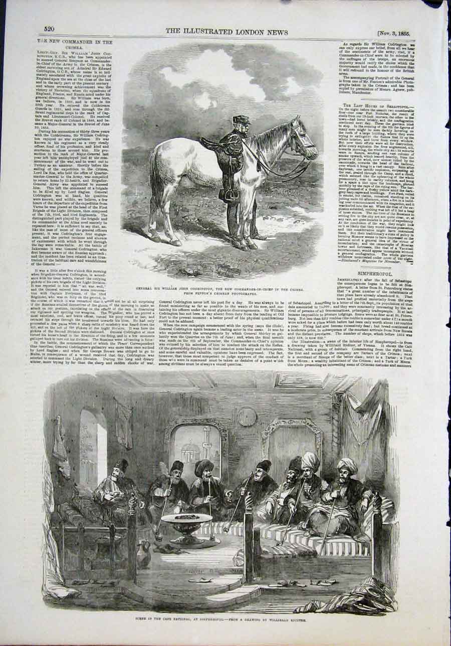 Original Old Antique Print General Codrington Crimea Simpheropol Richter 1855