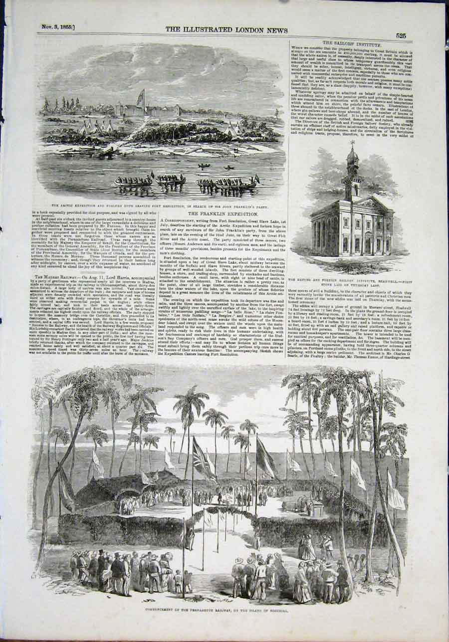 Original Old Antique Print Arctic Expedition Shadwell Perambuco Railway 1855