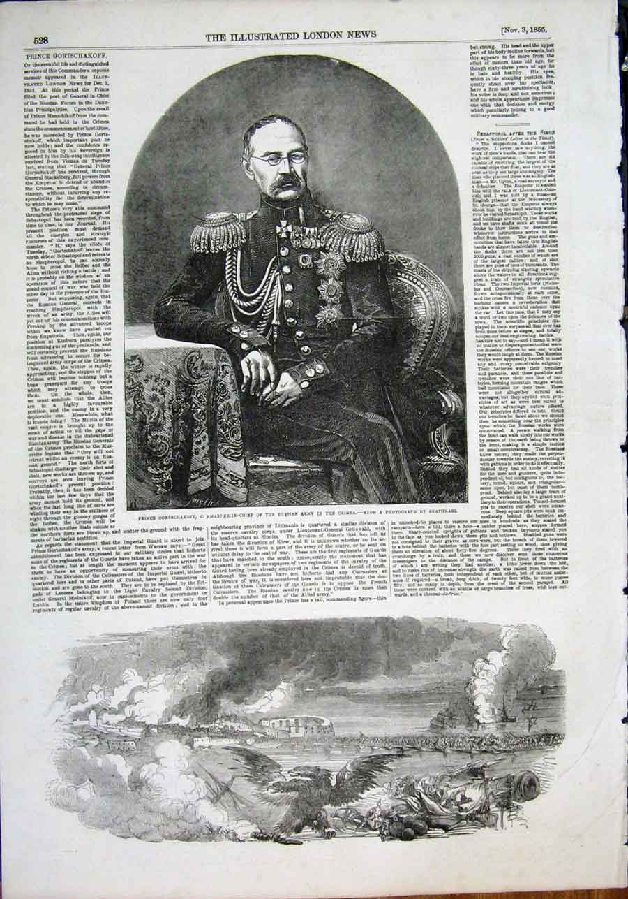 Original Old Antique Print Prince Gortschakoff Crimea Commander-In-Chief Sketch