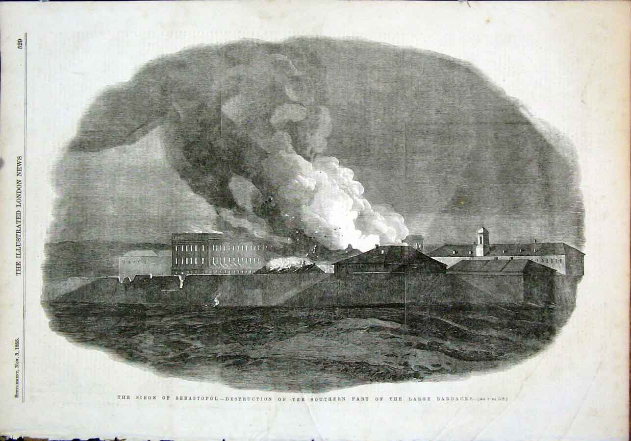 Original Old Antique Print Siege Sebastopol Barracks Destruction 1855 Victorian
