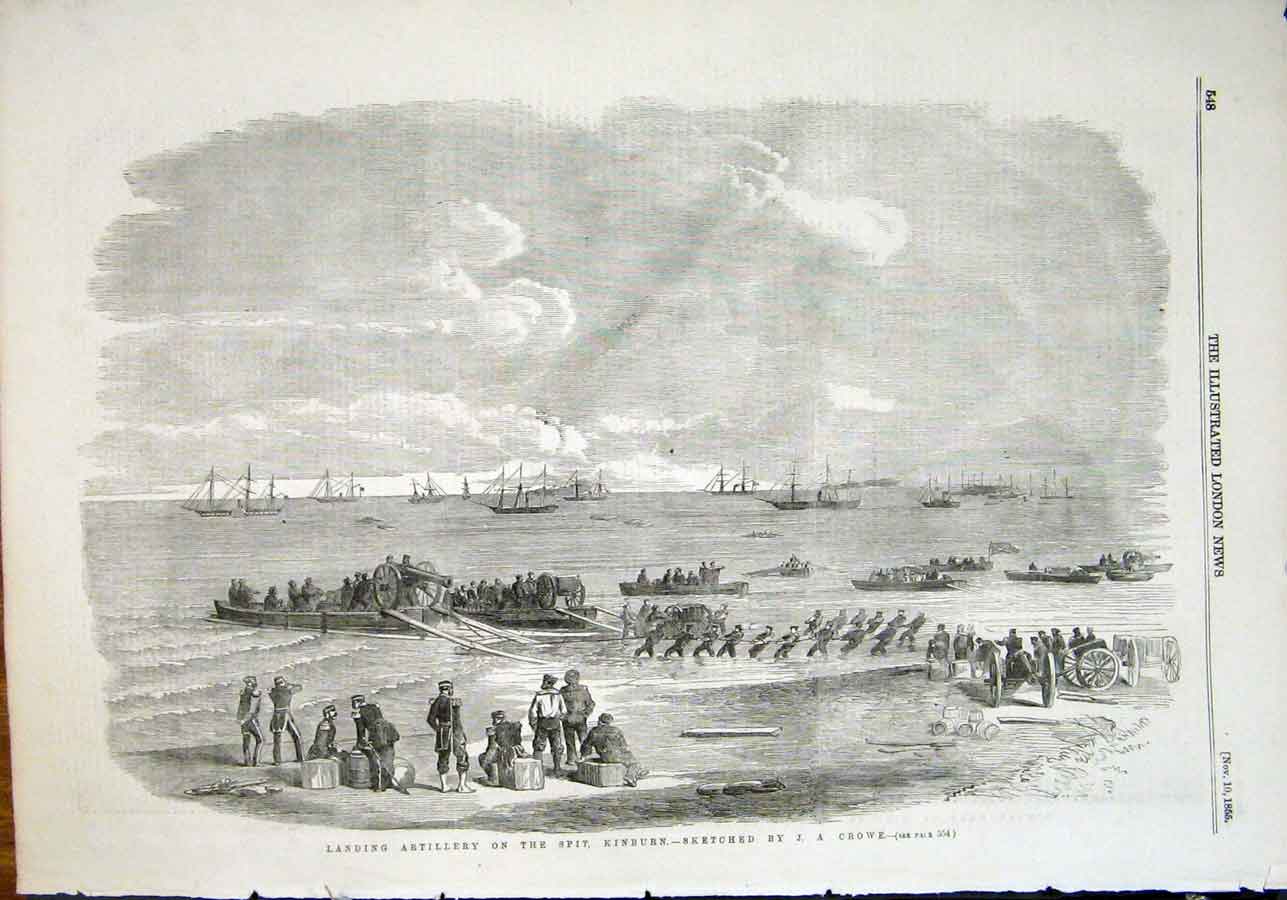 Original Old Antique Print Artillery Spit Kinburn Crowe Crimea Sketch 1855 19th
