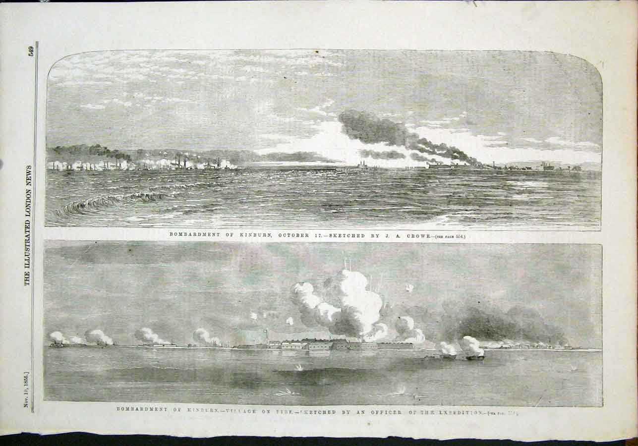 Original Old Antique Print Kinburn Bombardment Village Fire Crimea War 1855 19th