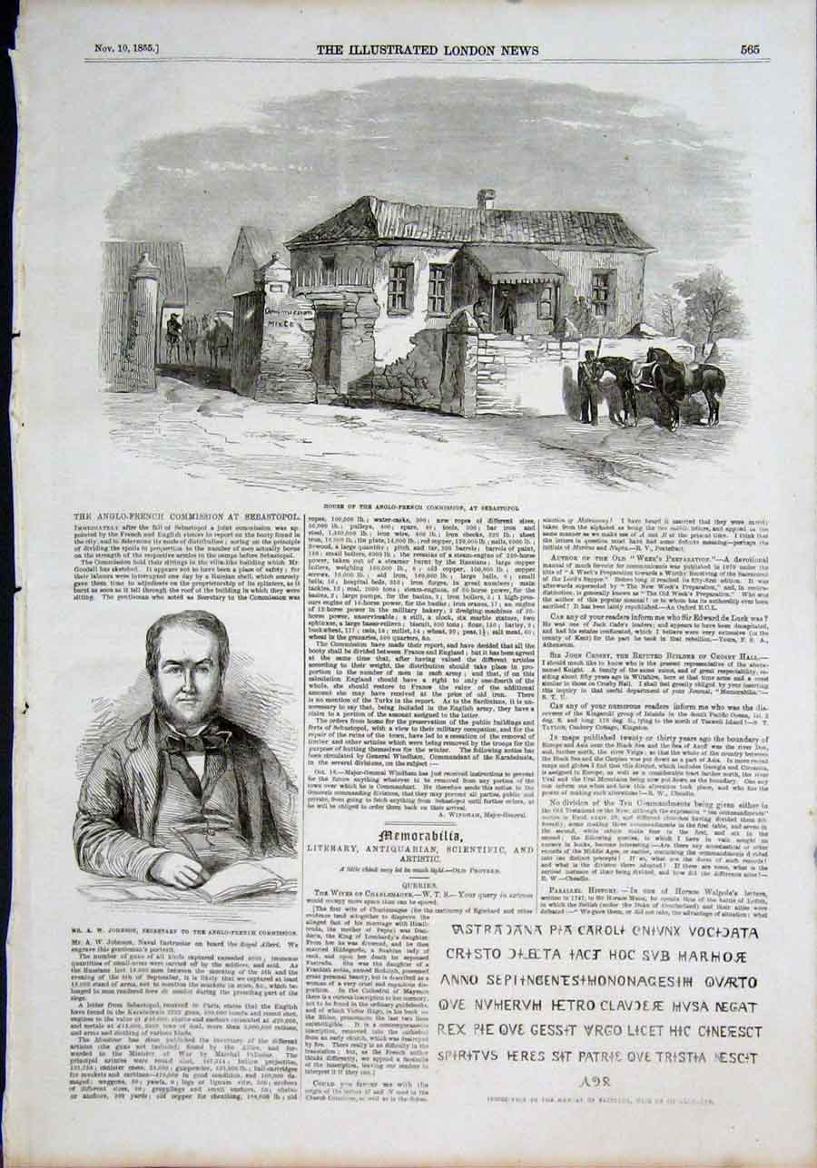 Original Old Antique Print Anglo-French Commission Sebastopol Johnson 1855 19th