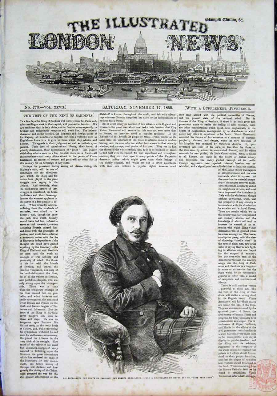 Original Old Antique Print Portrait Persinghy French Ambassador 1855 Victorian