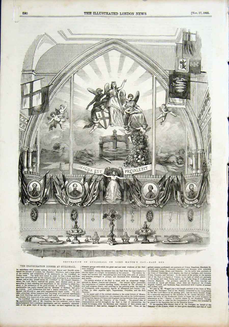 Original Old Antique Print Guildhall Lord Mayor Decoration London 1855 19th