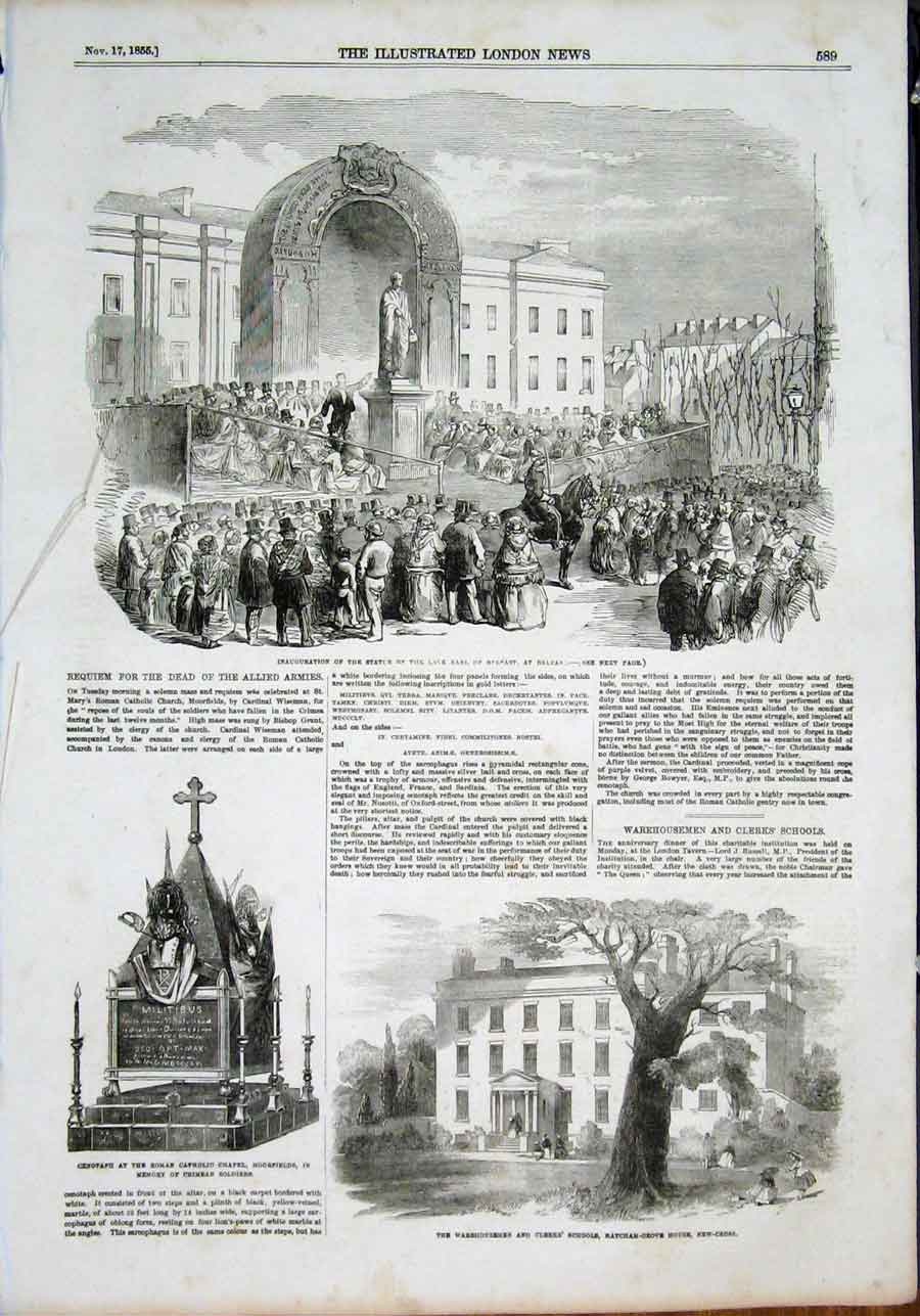Original Old Antique Print Belfast Statue School Hatcham Grove House New Cross
