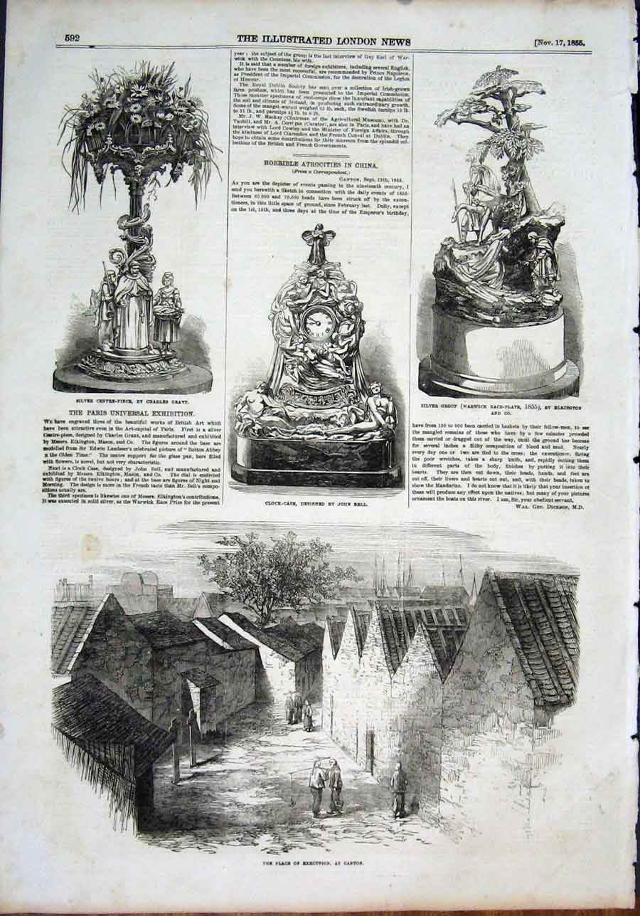 Original Old Antique Print Silver Plate Clock Grant Bell Canton Execution 1855