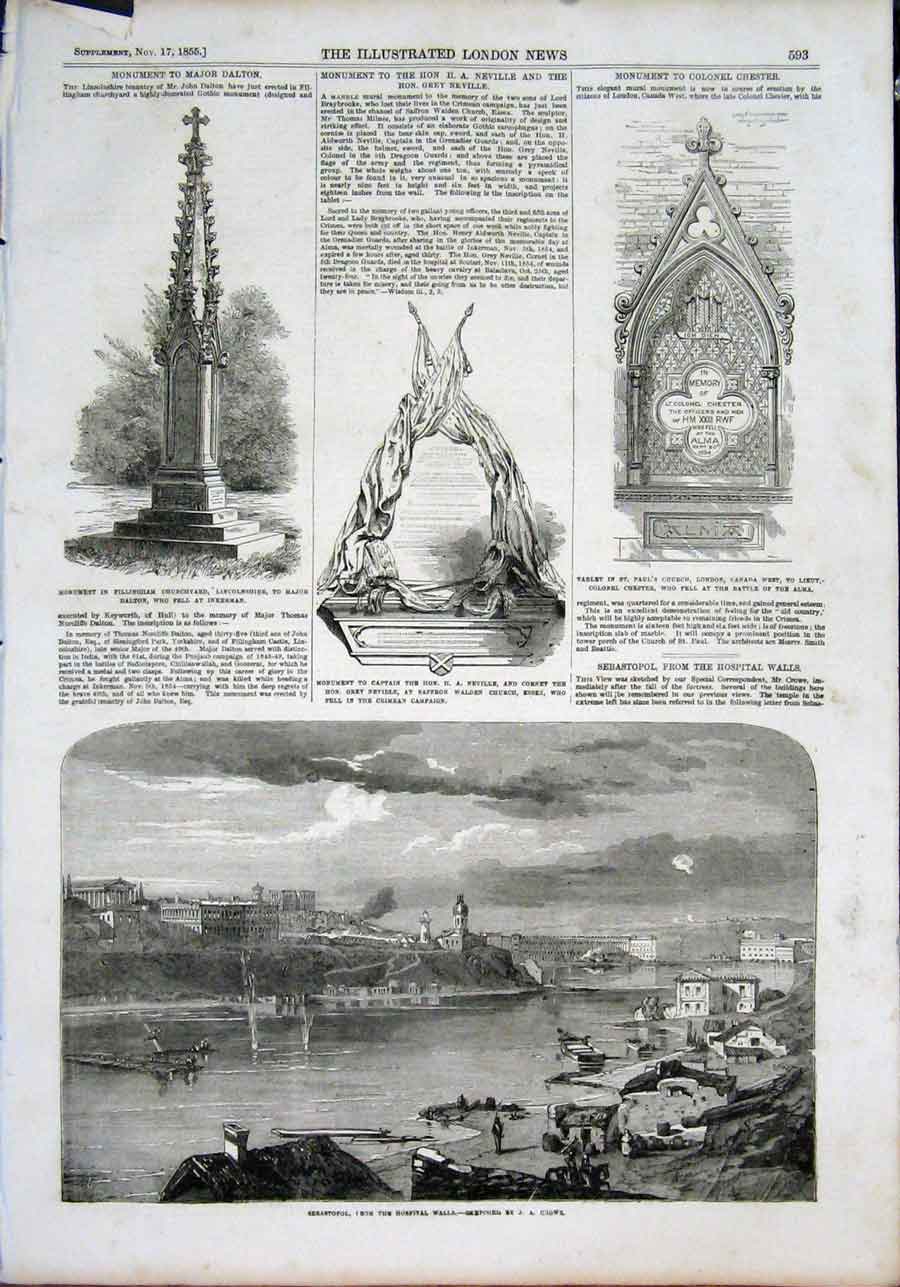 Original Old Antique Print Monument Dalton Neville Chester Sebastopol Crowe 1855