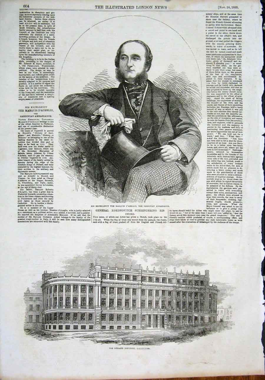 Original Old Antique Print Portrait Marquis D'Azeglio Sardinia Birmingham 1855